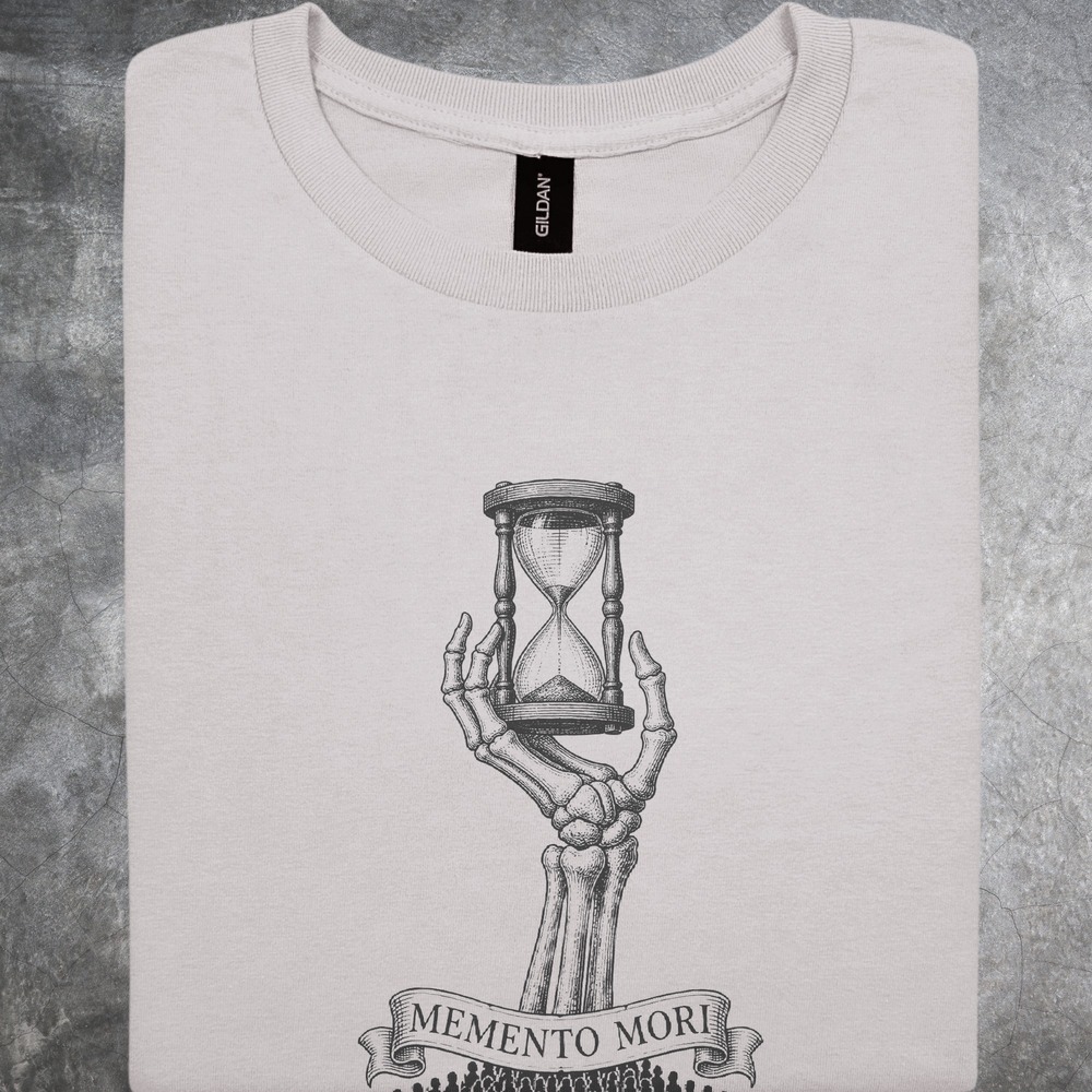 Memento Mori Skeletal Hand Raising Hourglass Over the Crowd Tee